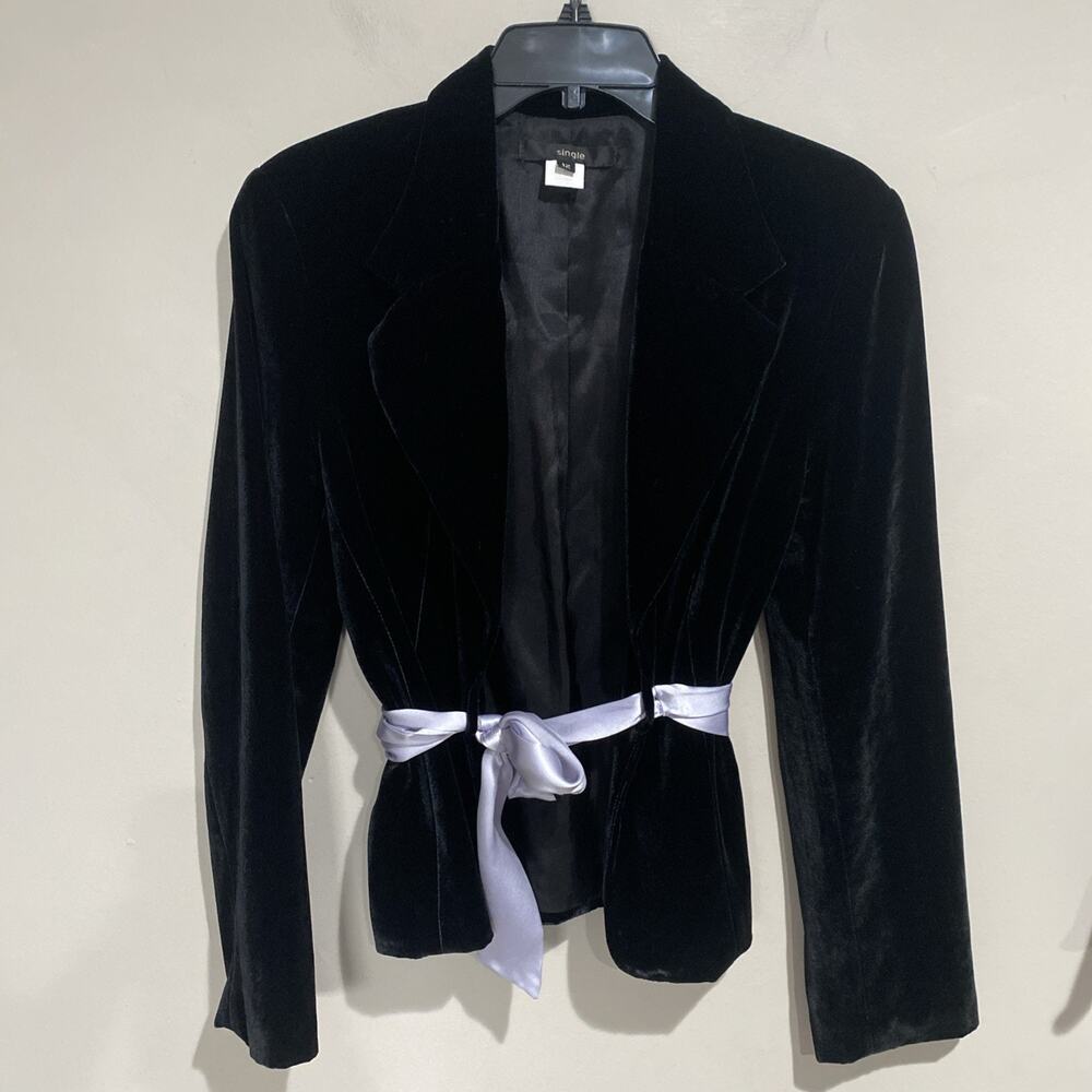 Vintage Single Black Velvet Blazer Jacket Ribbon Tie Waist Sz 12 Silk Blend Lux